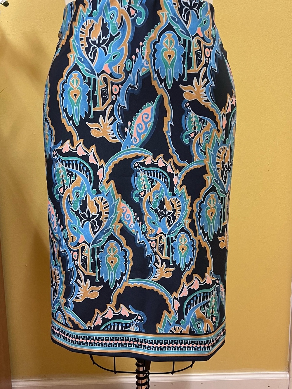Navy Paisley Print Pencil Skirt - Blue & Teal
